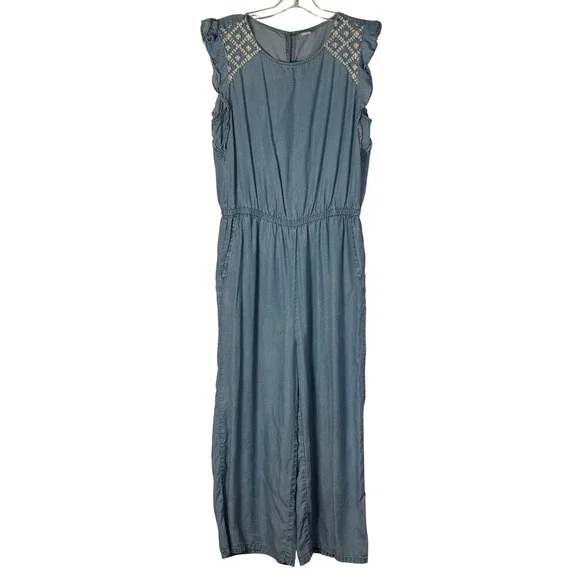 Old Navy Womens Chambray Jumpsuit Embroidered Ruffle Sleeves Boho‎ Summer Size M - Picture 2 of 5